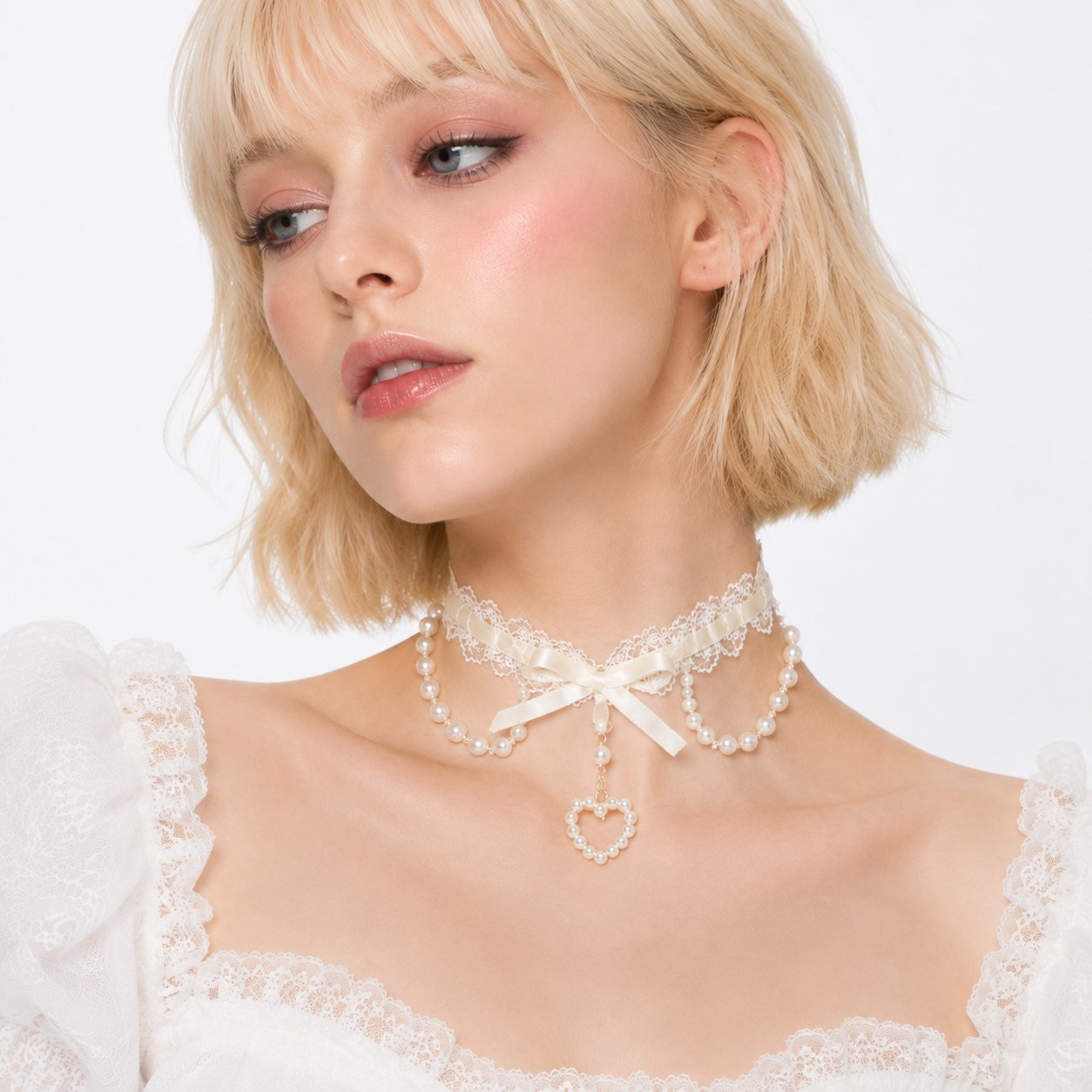 Pearl Heart Coquette Lace Choker in cream beige with floral lace and pearl heart charm