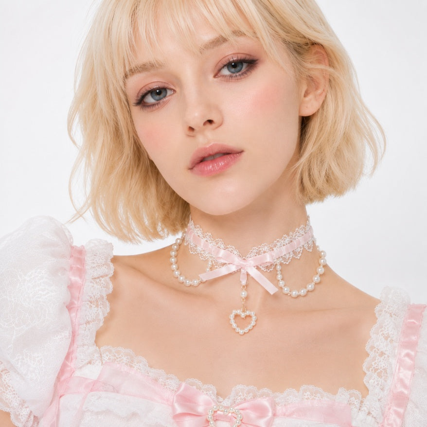 Pink coquette lace choker styled with pastel lingerie for a romantic DDLG coordinate