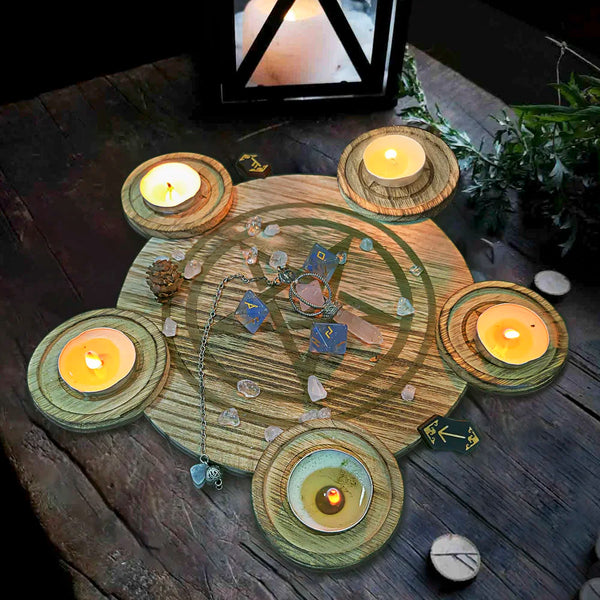 Pine Wood Pentacle 5-Candle Holder
