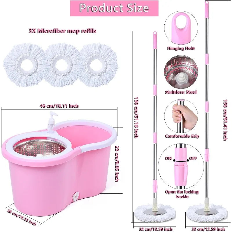 Pink spin mop with 360-degree rotating microfiber mop heads for easy corner cleaning