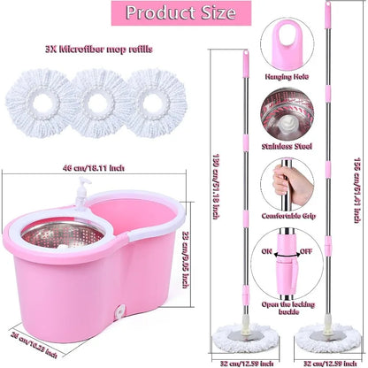 Pink spin mop with 360-degree rotating microfiber mop heads for easy corner cleaning