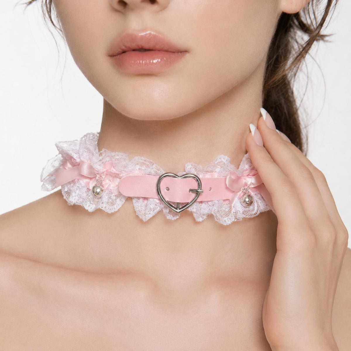 Heart shaped metallic buckle detail on pink angel clouds lace choker