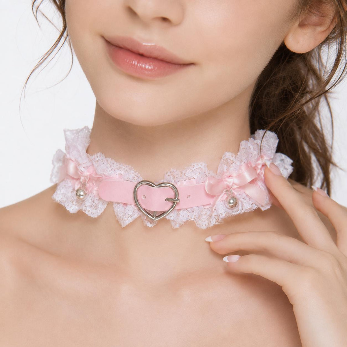 Wide ruffled lace trim detail on pink angel clouds coquette choker