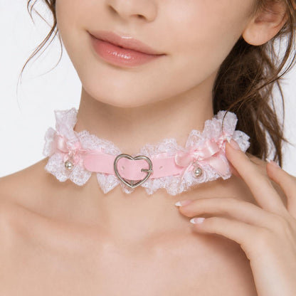 Wide ruffled lace trim detail on pink angel clouds coquette choker