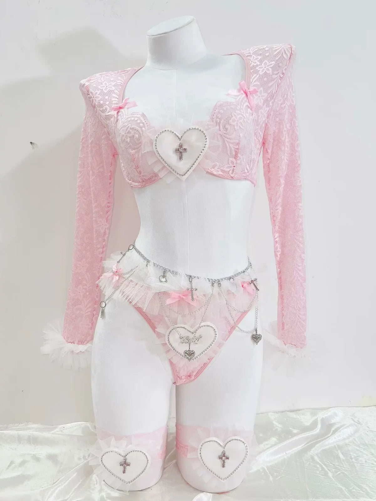 Ruffled pink lace bralette detail on coquette angel heart lace set, DDLGirl style