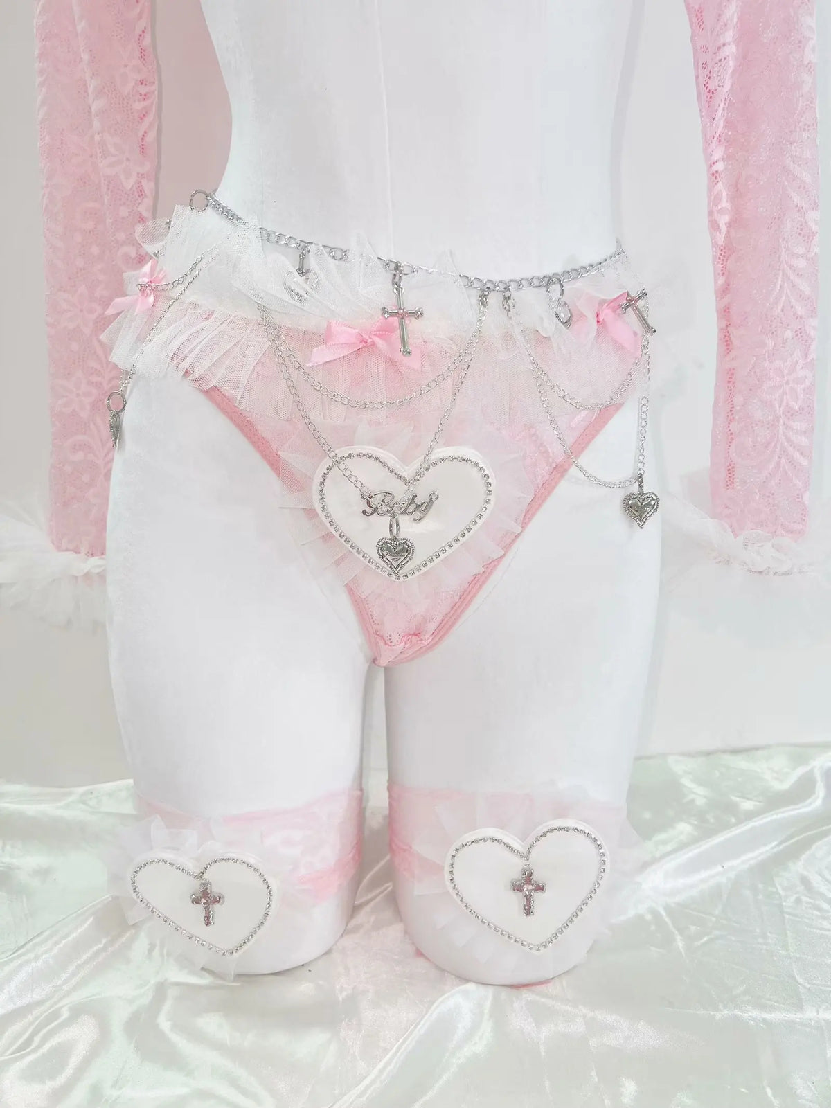 Silver cross charm detail on pink angel heart coquette waist chain accessory