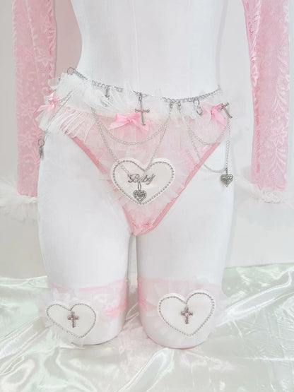 Silver cross charm detail on pink angel heart coquette waist chain accessory