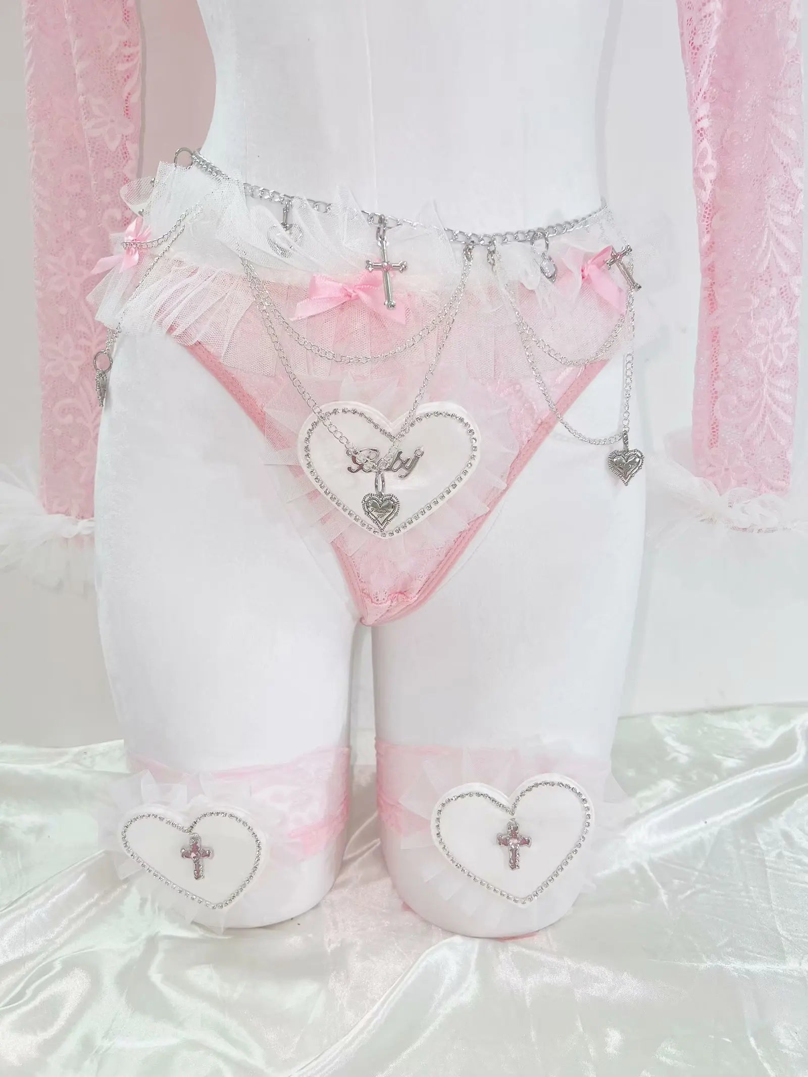 Model wearing pink angel heart coquette lace set, DDLGirl angelcore kawaii styleModel wearing pink angel heart coquette lace set, DDLGirl angelcore kawaii style