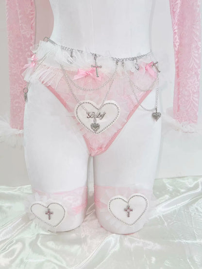 Model wearing pink angel heart coquette lace set, DDLGirl angelcore kawaii styleModel wearing pink angel heart coquette lace set, DDLGirl angelcore kawaii style