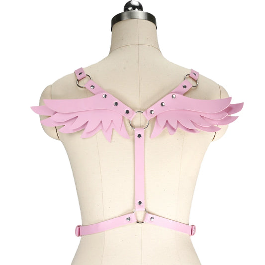 soft pink angel wings harness with adjustable straps for kawaii lingerie and cosplay