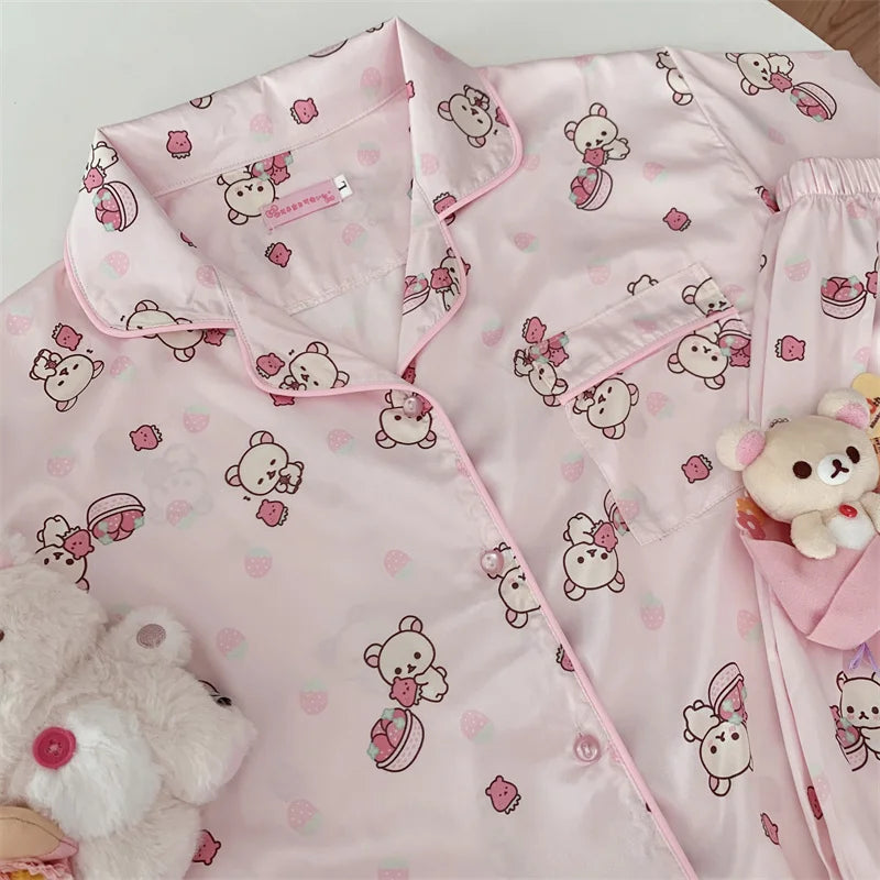 Pink bear patterned loungewear sleep set, breathable fabric, perfect for soft babycore, DDLG and ABDL aesthetics