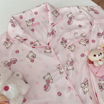 Pink bear patterned loungewear sleep set, breathable fabric, perfect for soft babycore, DDLG and ABDL aesthetics