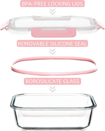 Durable pink borosilicate glass containers with airtight silicone lids for leak-proof, fresh food storage