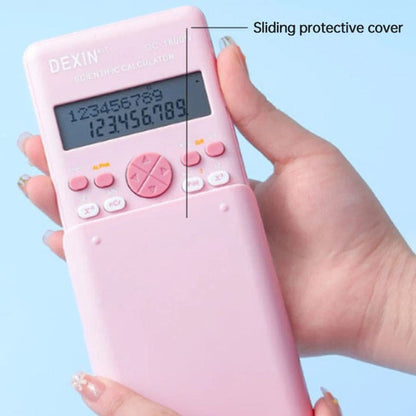 Stylish pink scientific calculator featuring algebra, calculus, matrix functions, dual LCD display, and protective cover.