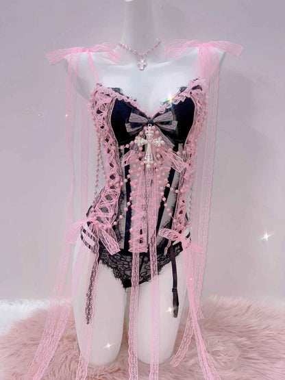 Soft pink boudoir lingerie with lace, bows, and striped sheer panels for a glamorous look.
