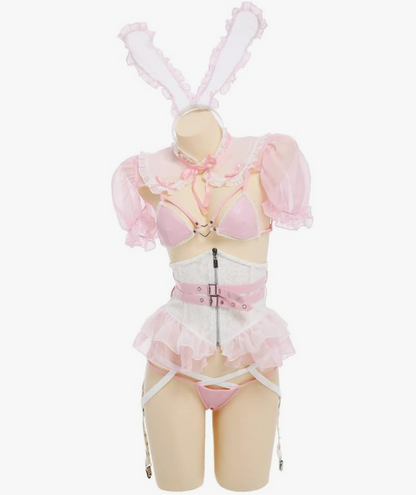 Pink Bunny Cosplay Set with corset, briefs, lace-up bra, gloves, and playful bunny ddlg vibes
