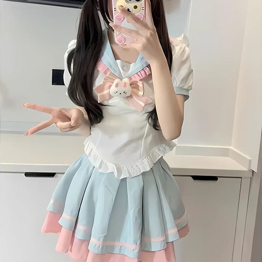 Kawaii Bunny Blush Uniform with Peter Pan collar and bunny bow, ideal for DDLG play or cosplay outfits