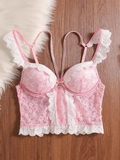 Pink Desire lace corset bra with sculpting fit and sparkle accents, sexy kawaii ddlg goddess lingerie