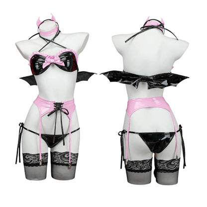 Model wearing Pink Devil Bat brat cosplay set, brat baddie E girl style