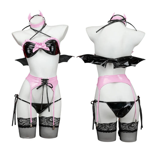Model wearing Pink Devil Bat brat cosplay set, brat baddie E girl style