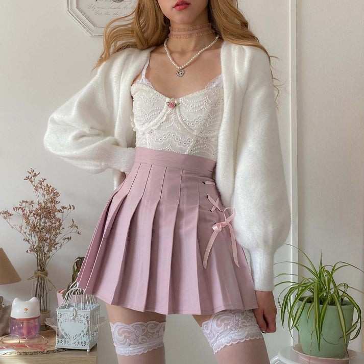 Pink Dollcore lace knife pleated skirt with delicate hip lace for kawaii, DDLG, ABDL, soft girl, cutecore, and pastel outfits