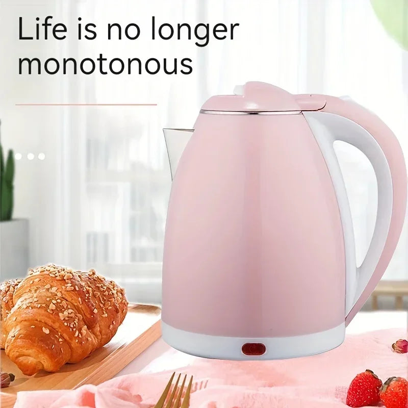 Pink electric kettle with universal voltage for EU, UK, and USA use