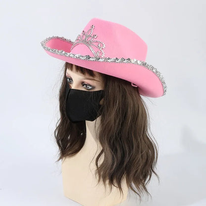 Pink Fairy Rose Princess Cowgirl Hat kawaii style with sparkly crown and soft princess vibes