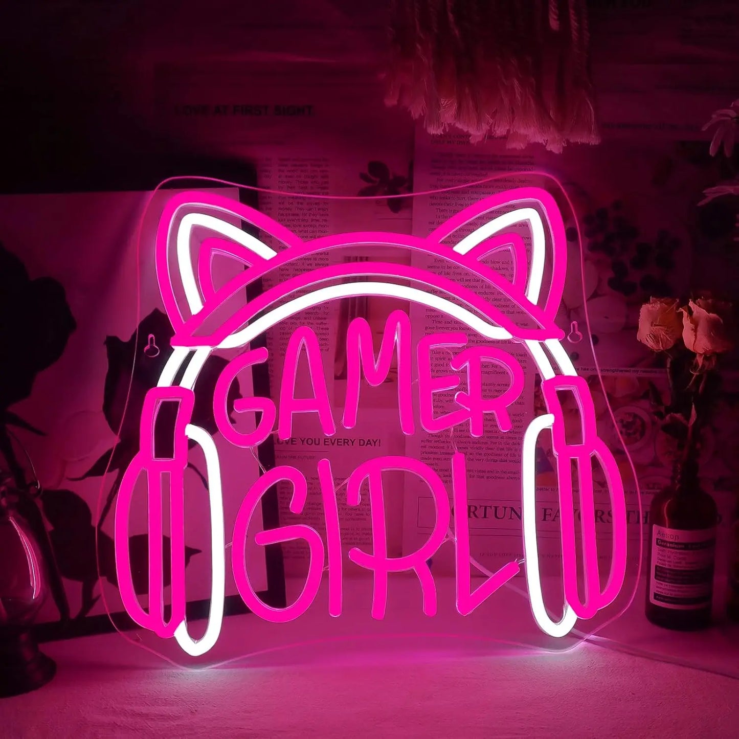 aesthetic pink gamer girl neon sign for kawaii littlespace and cozy DDLG ABDL rooms