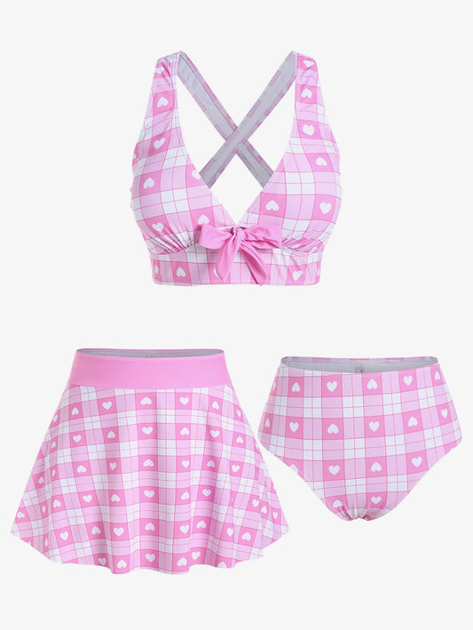 Pink Heart Plaid Curvy Bikini Set with skirt, crop top & high-waisted brief, kawaii cutecore DDLG ABDL outfit