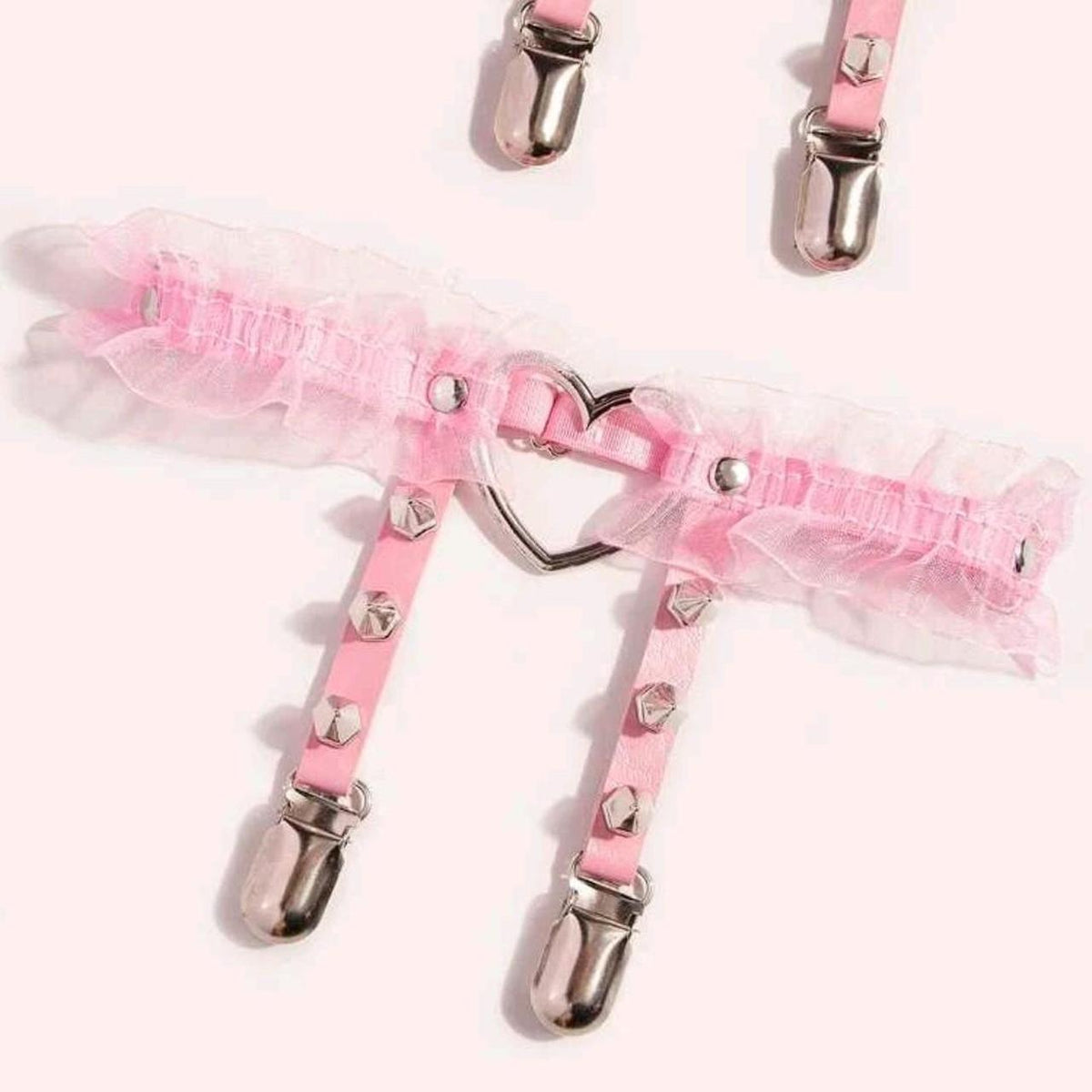 Pink heart spiked frill garter with lace ruffles, kawaii Lolita baddie accessory