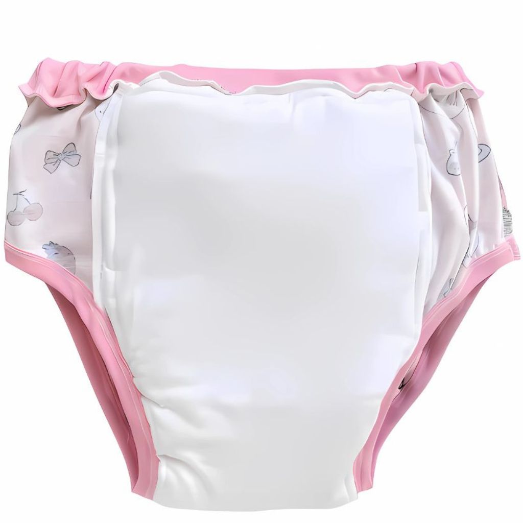 Kawaii diaper cover with bunnies, strawberries, and cake print, made from soft waterproof PUL for littlespace fashion