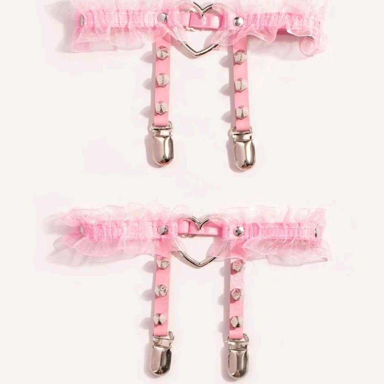 Pink kawaii heart spike garter with frills, DDLG and DDLGirl fashion accessory