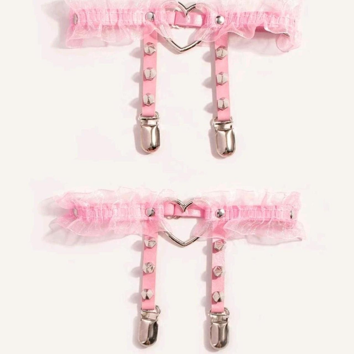 Pink kawaii heart spike garter with frills, DDLG and DDLGirl fashion accessory