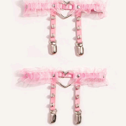 Pink kawaii heart spike garter with frills, DDLG and DDLGirl fashion accessory