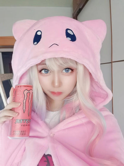 soft pink kitty blanket with 3D ears and eyes for cutecore bedrooms, cuddling, and kawaii little-space play