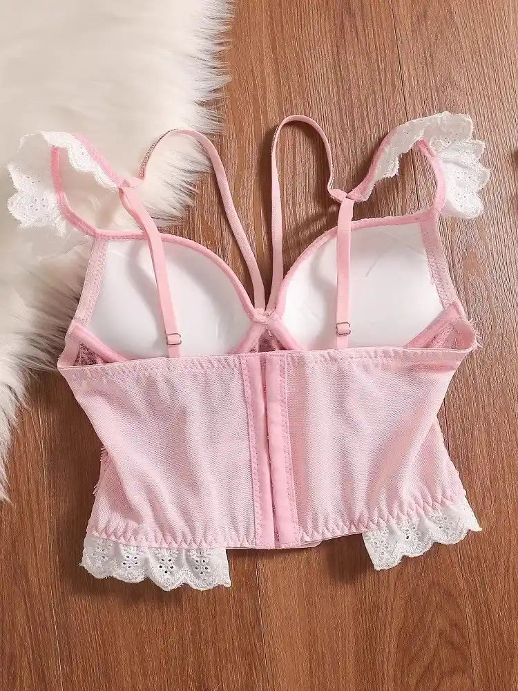 Pink lace corset bra with sculpting fit and delicate lace, ddlg princess vibes with kawaii baddie energy