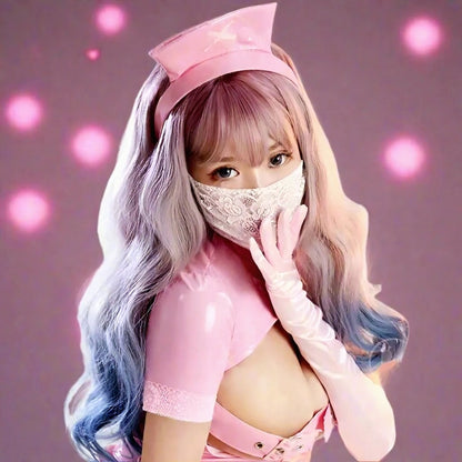 Close-up of Pink Latex Nurse Set, shiny latex texture, headband & chest belt details, dollcore, cutecore & DDLG inspired