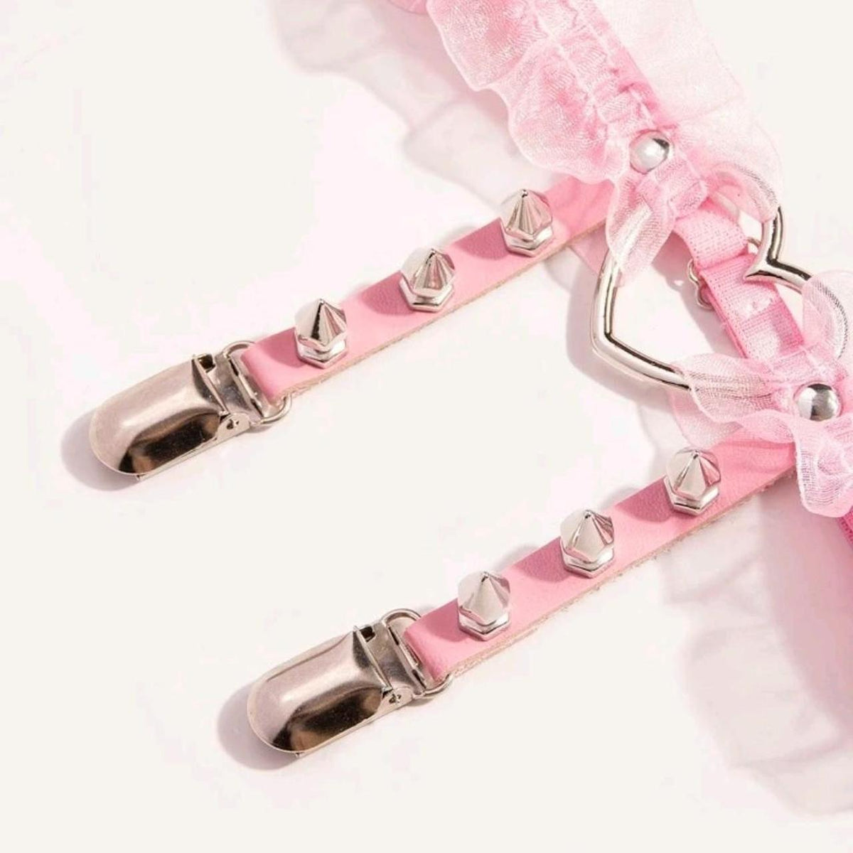 Pink Lolita frill garter belt with heart center and spikes, cute pastel baddie style