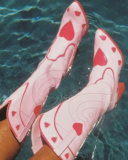 Pink Love Paradise cowgirl boots with pastel hearts and ribbons, perfect for DDLG, ABDL, and cutecore fashion