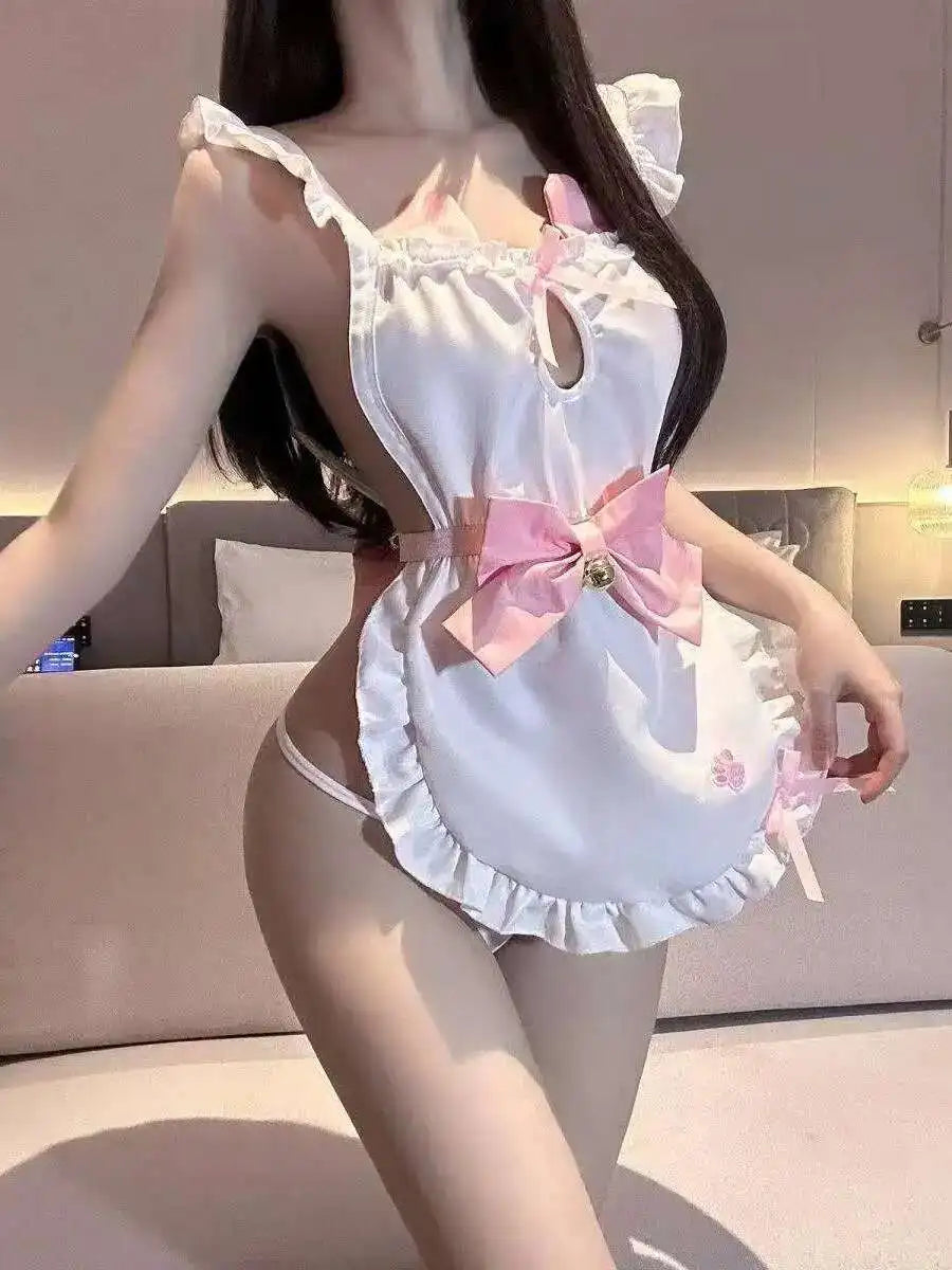 Pink and white neko maid costume with paw print and bell ribbon for DDLG and kawaii roleplay
