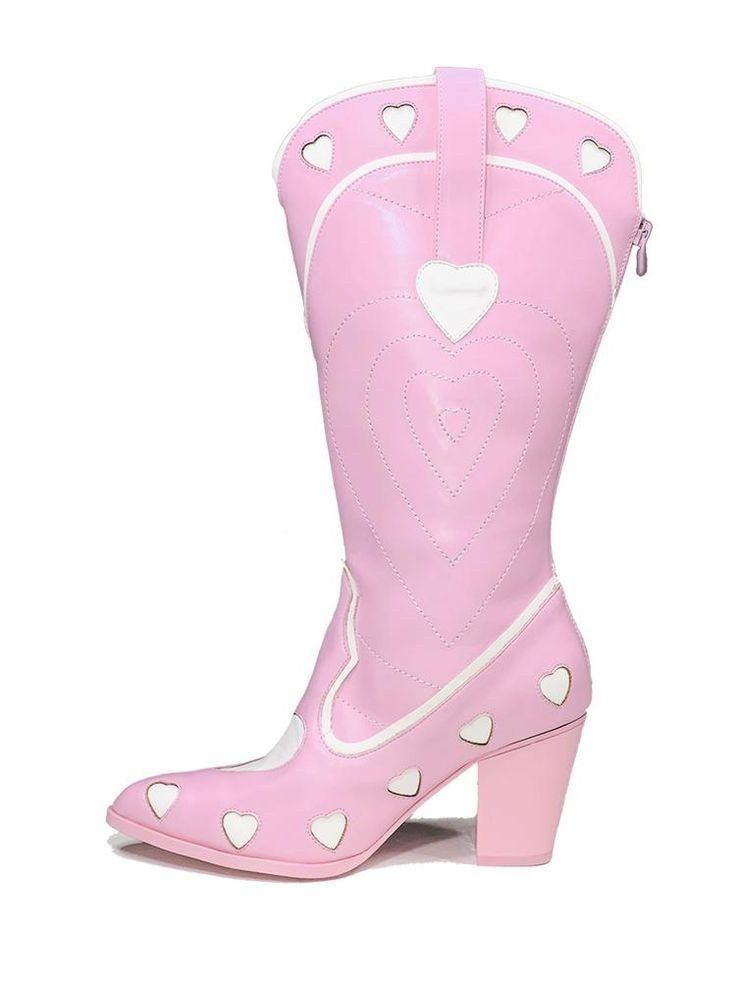 Pink Paradise cowgirl boots with heart and ribbon details, perfect for cutecore, DDLG, ABDL, and trendy baddie styles