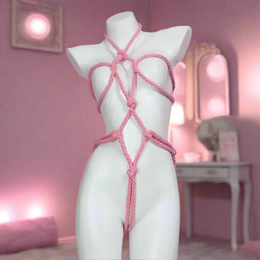 Pink Passion full-body rope in soft blush pink for playful DDLG and ABDL cutecore roleplay, adjustable for comfort and style