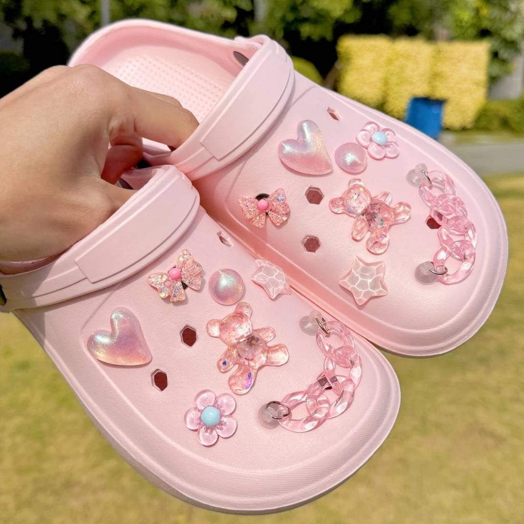 Pink pastel crystal shoe charm set worn in kawaii DDLG little space pastelcore lifestyle outfit