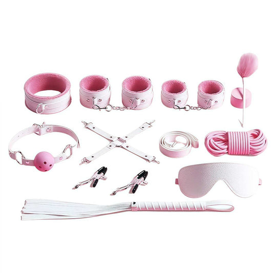 Pink Pearl DDLG playtime kit with cuffs, harness, whip, blindfold, gag, rope, feather stick, choker, and nipple clips in kawaii pink aesthetic