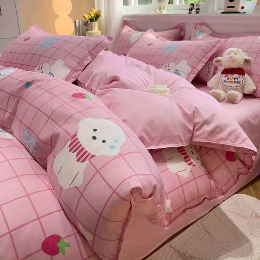 Kawaii pink plaid bedding set with duvet, pillowcases, and sheet for ddlg or abdl bedroom decor