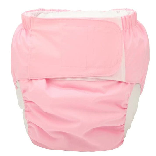 Adult pink pocket cloth diaper with adjustable tabs and soft, washable fabric for reusable incontinence protection