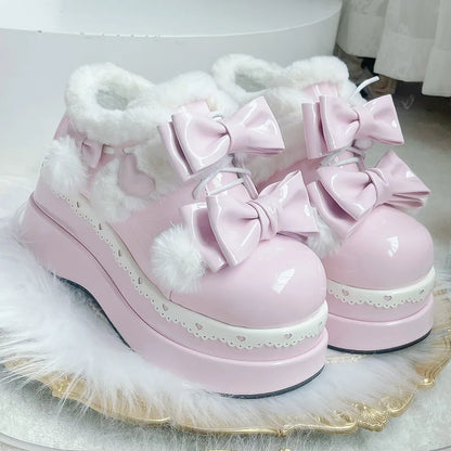 Pink Pom Pom Angel Baby Platform Shoes with heart accents and ribbon details, perfect for kawaii and ABDL fashion