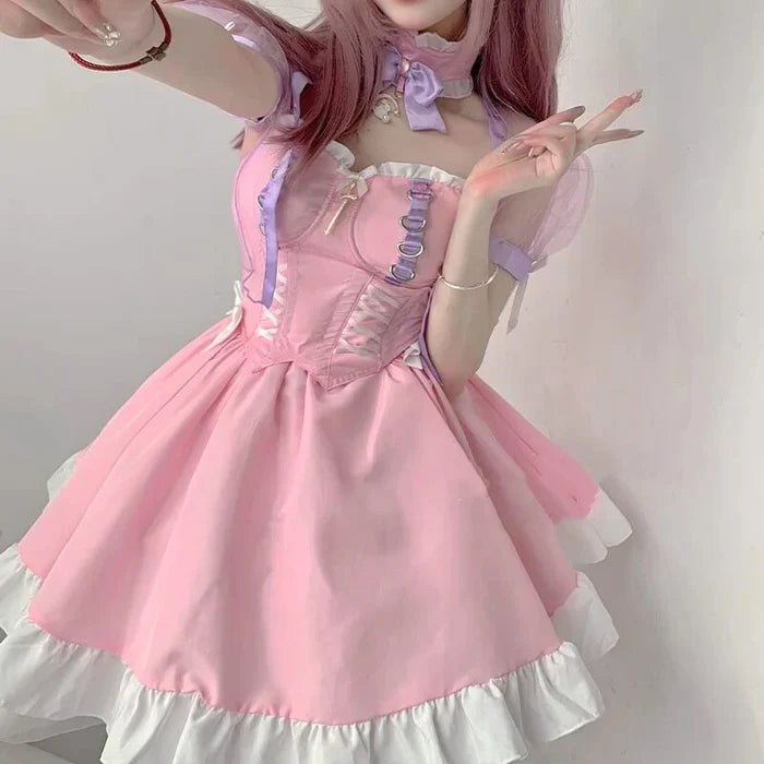 Corset inspired bodice with criss cross lacing on Pink Princess Lolita dress