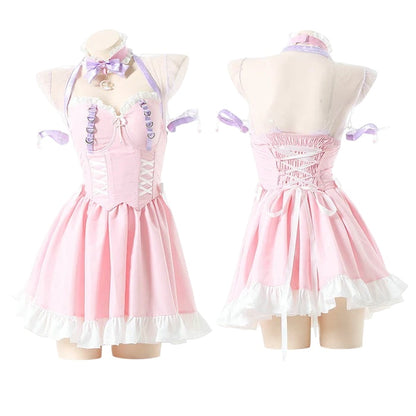 Matching pink choker with lavender bow and bell pendant, Lolita maid accessory