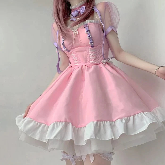 Layered white ruffle hem detail on Pink Princess Lolita maid corset dress